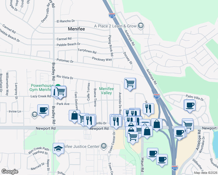map of restaurants, bars, coffee shops, grocery stores, and more near 29638 Avenida De Sereno in Menifee