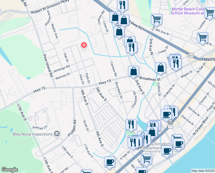map of restaurants, bars, coffee shops, grocery stores, and more near 801 Tip Top Lane in Myrtle Beach