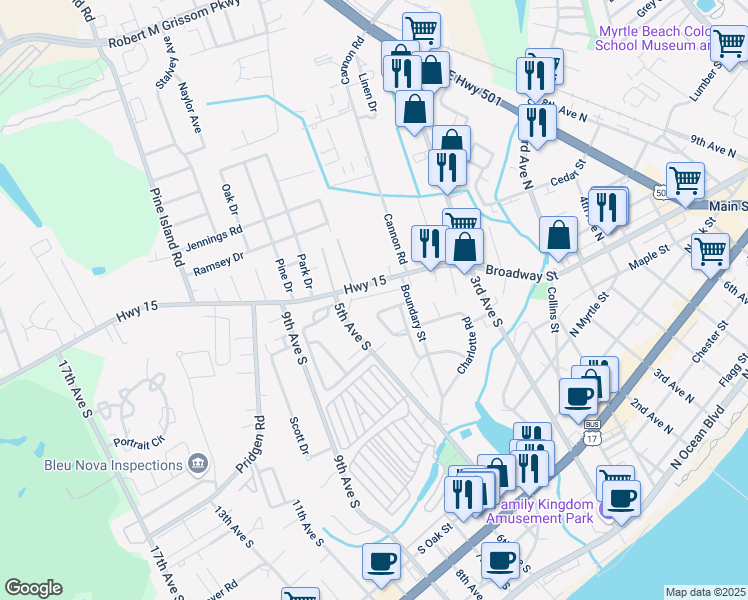 map of restaurants, bars, coffee shops, grocery stores, and more near 801 Tip Top Lane in Myrtle Beach