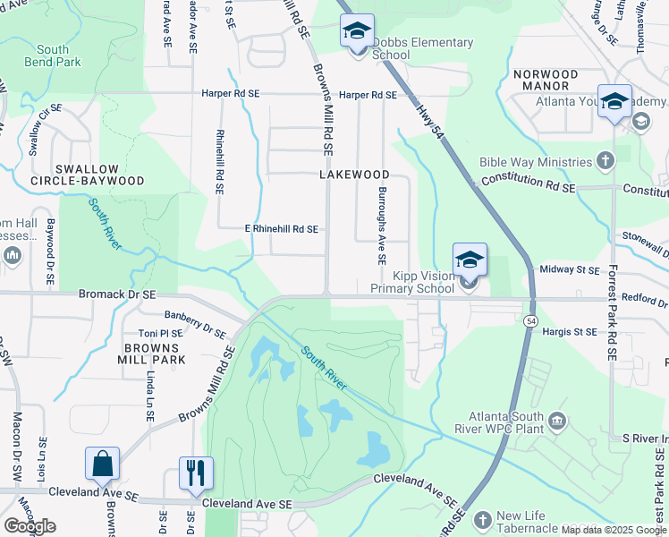 map of restaurants, bars, coffee shops, grocery stores, and more near 2324 Browns Mill Road Southeast in Atlanta