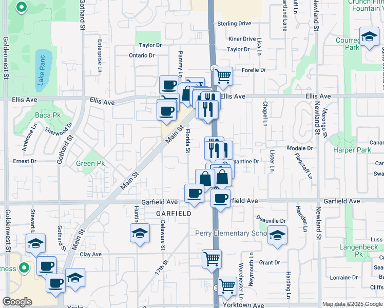 map of restaurants, bars, coffee shops, grocery stores, and more near 18800 Florida Street in Huntington Beach