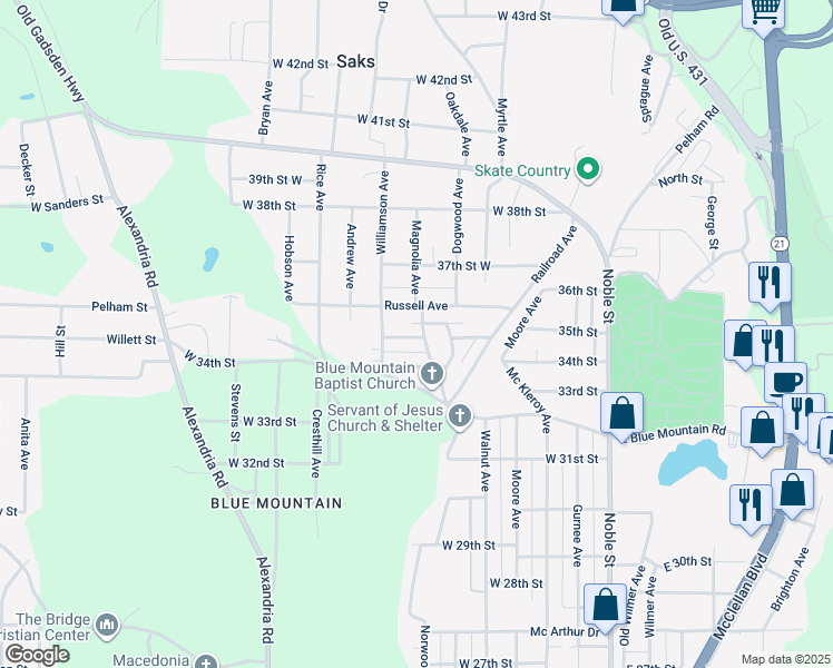 map of restaurants, bars, coffee shops, grocery stores, and more near 7 Ridge Street in Anniston