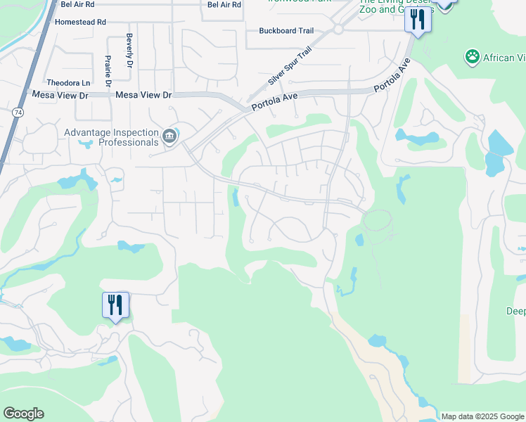 map of restaurants, bars, coffee shops, grocery stores, and more near 49148 Quercus Lane in Palm Desert