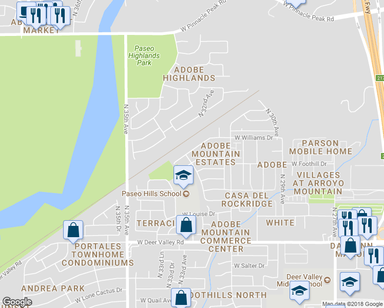 map of restaurants, bars, coffee shops, grocery stores, and more near 3189 West Williams Drive in Phoenix