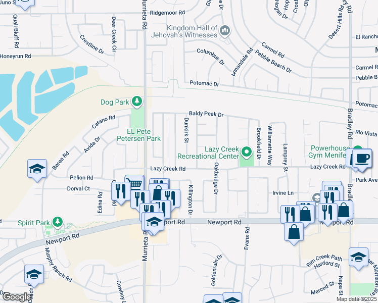 map of restaurants, bars, coffee shops, grocery stores, and more near 29678 Dunkirk Street in Menifee