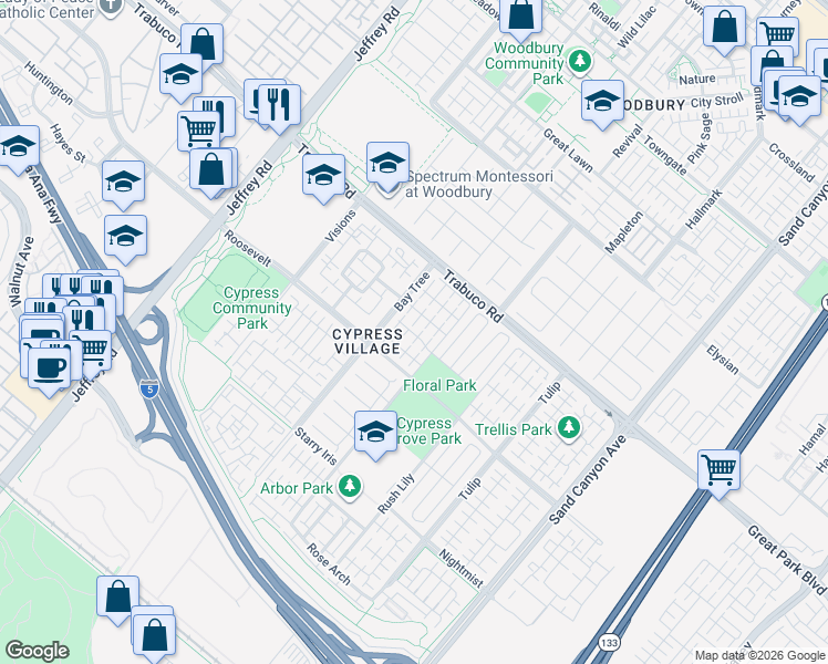 map of restaurants, bars, coffee shops, grocery stores, and more near 65 Cherry Tree in Irvine