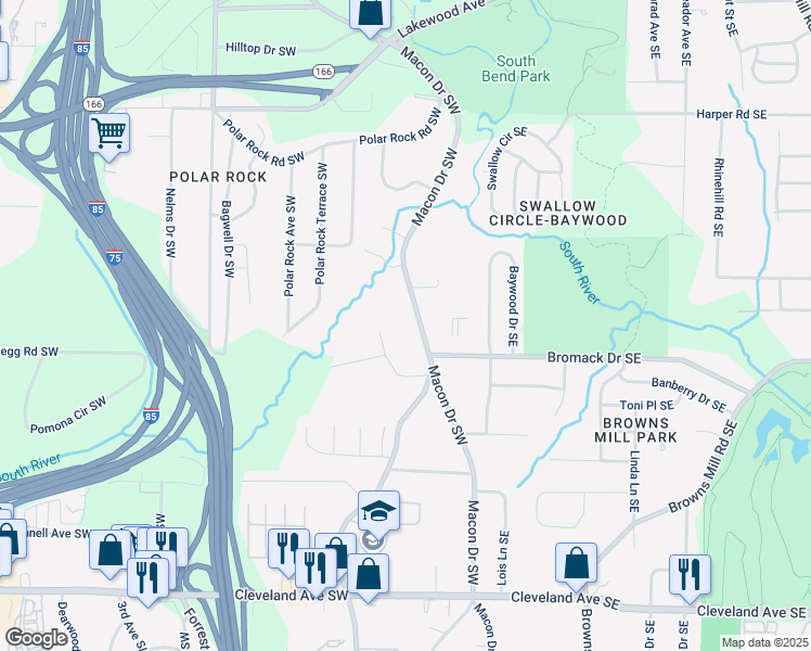 map of restaurants, bars, coffee shops, grocery stores, and more near 2355 Macon Drive Southwest in Atlanta