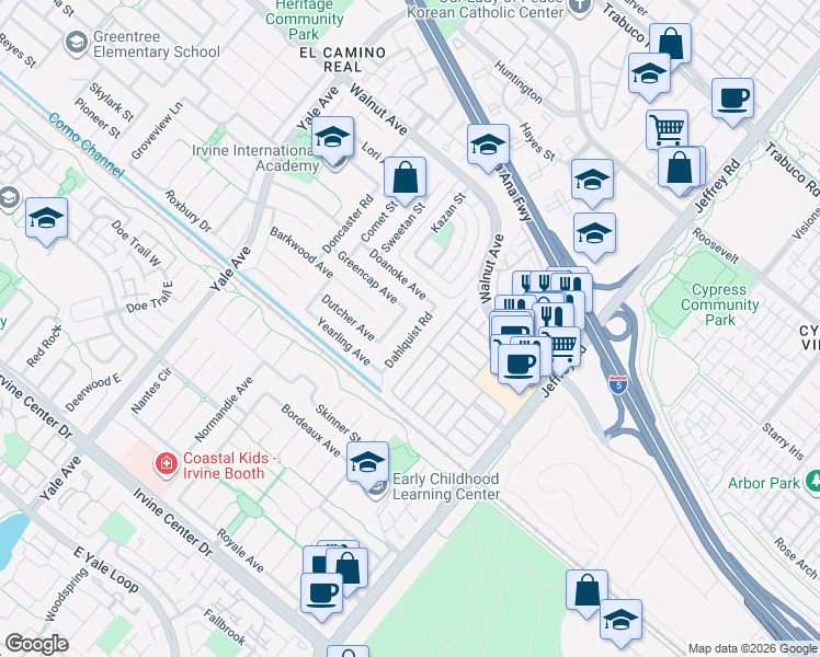map of restaurants, bars, coffee shops, grocery stores, and more near 14841 Dahlquist Road in Irvine