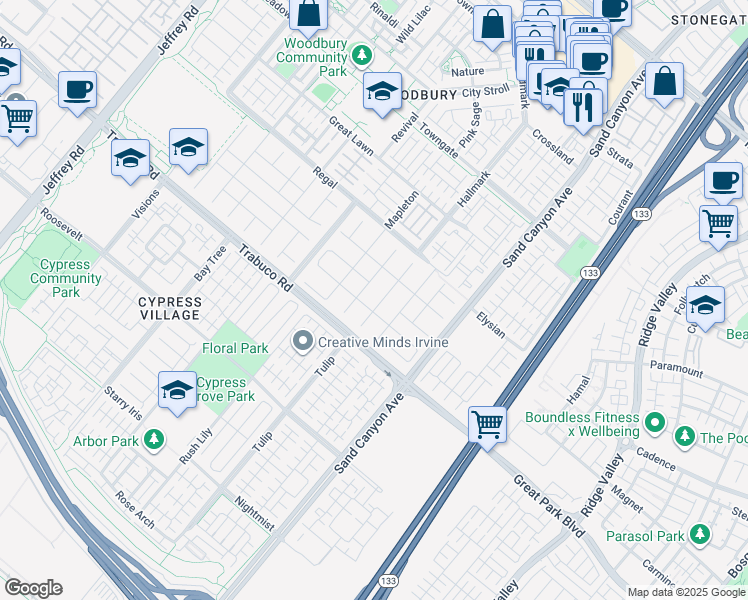 map of restaurants, bars, coffee shops, grocery stores, and more near 35 Skyward in Irvine