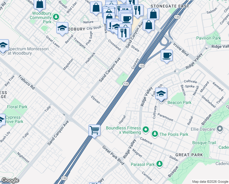 map of restaurants, bars, coffee shops, grocery stores, and more near 302 Bronze in Irvine