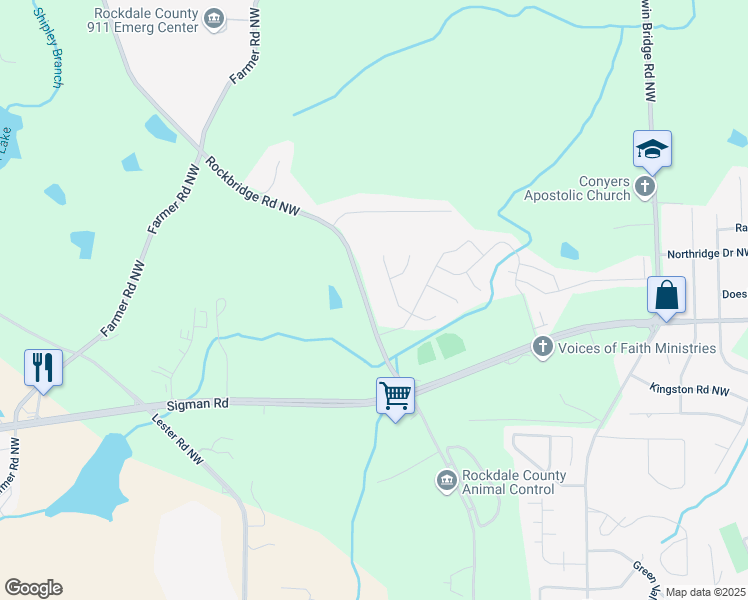map of restaurants, bars, coffee shops, grocery stores, and more near 1755 Rockbridge Road Northwest in Conyers