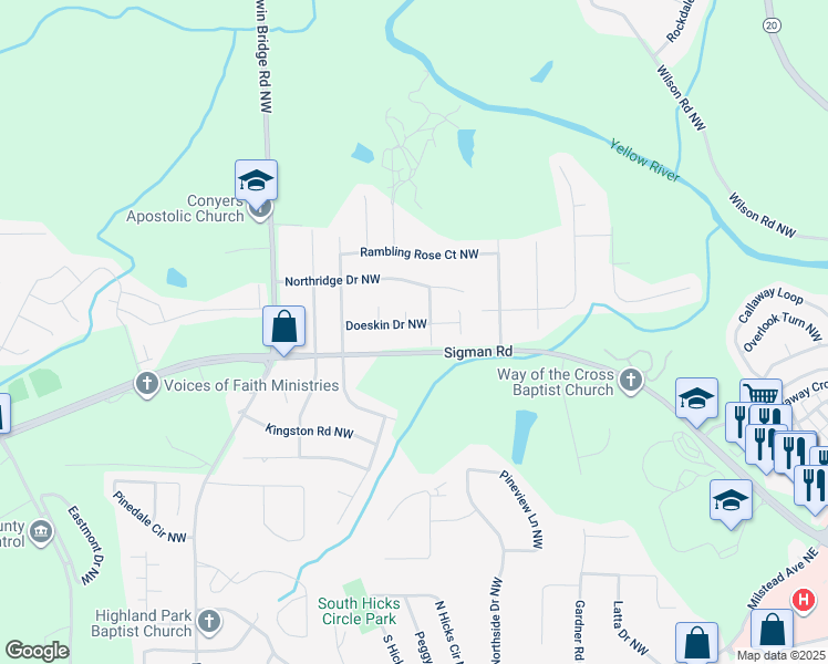 map of restaurants, bars, coffee shops, grocery stores, and more near 897 Doeskin Drive in Conyers