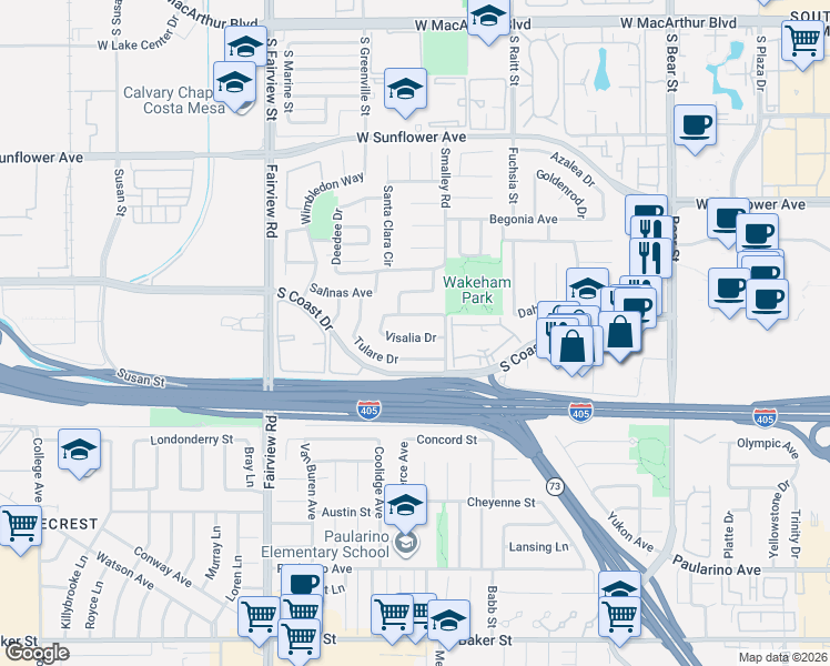 map of restaurants, bars, coffee shops, grocery stores, and more near 1062 Visalia Drive in Costa Mesa