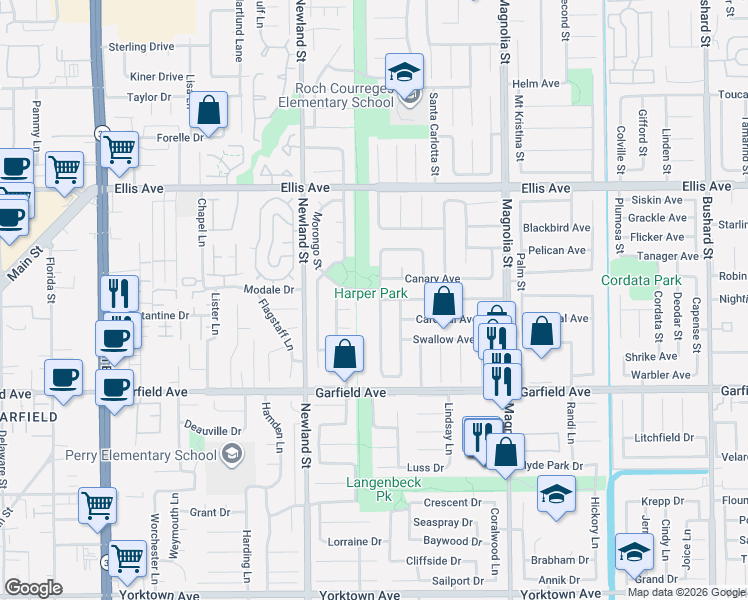 map of restaurants, bars, coffee shops, grocery stores, and more near 8717 Nightingale Avenue in Fountain Valley