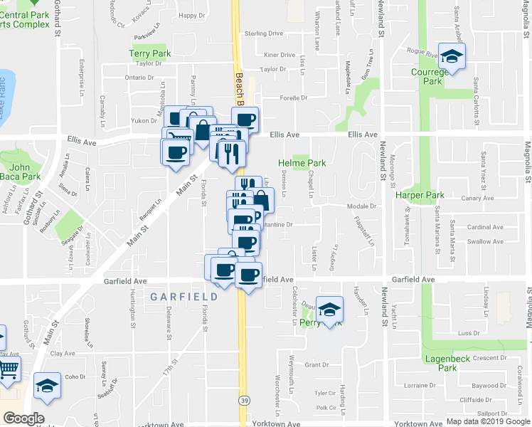 map of restaurants, bars, coffee shops, grocery stores, and more near 18761 Hoyt Circle in Huntington Beach