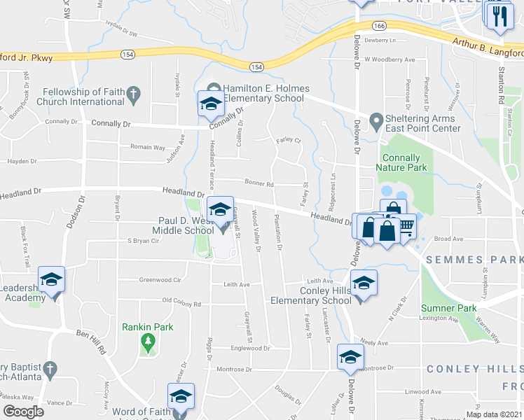 map of restaurants, bars, coffee shops, grocery stores, and more near 2292 Headland Drive in East Point