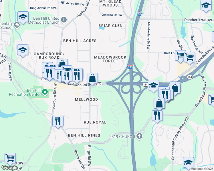 map of restaurants, bars, coffee shops, grocery stores, and more near Campbellton Road Southwest in Fulton County