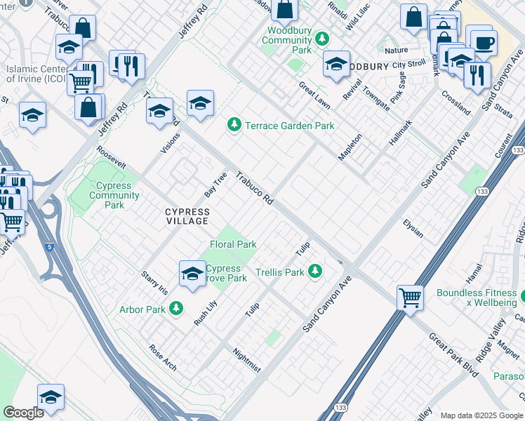 map of restaurants, bars, coffee shops, grocery stores, and more near 66 Berkshire Wood in Irvine