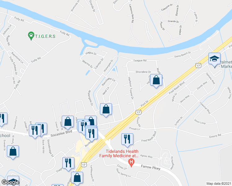map of restaurants, bars, coffee shops, grocery stores, and more near 500 Fairwood Terrace in Myrtle Beach