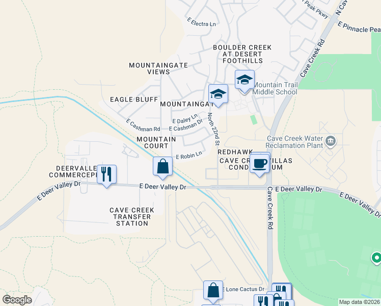 map of restaurants, bars, coffee shops, grocery stores, and more near 2108 East Robin Lane in Phoenix
