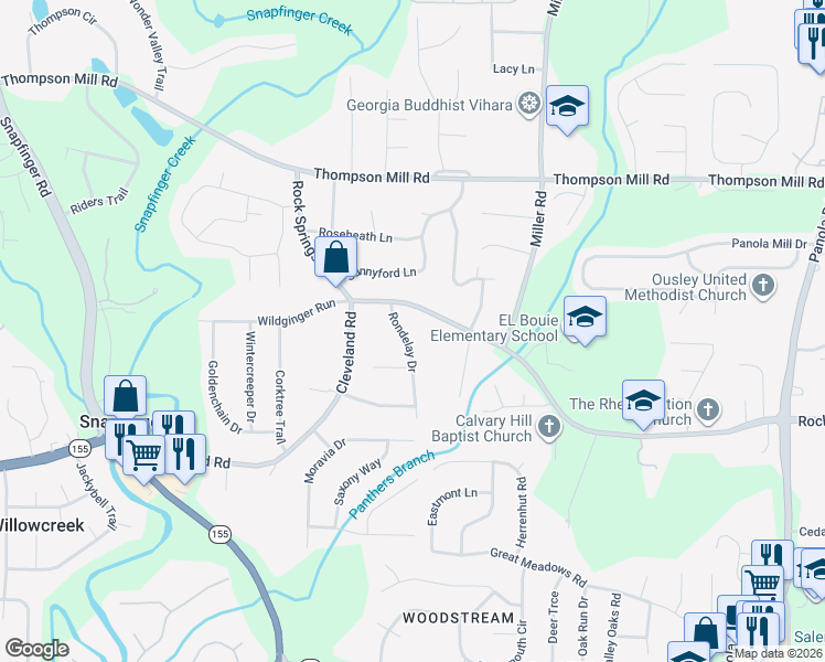map of restaurants, bars, coffee shops, grocery stores, and more near 3210 Rondelay Drive in Stonecrest