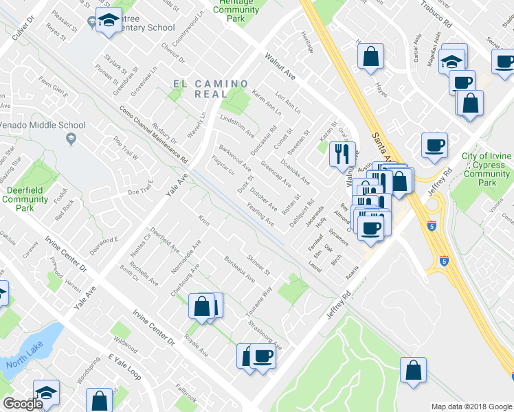 map of restaurants, bars, coffee shops, grocery stores, and more near 5051 Yearling Avenue in Irvine