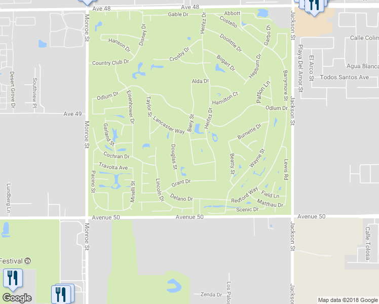 map of restaurants, bars, coffee shops, grocery stores, and more near 49355 Biery Street in Indio