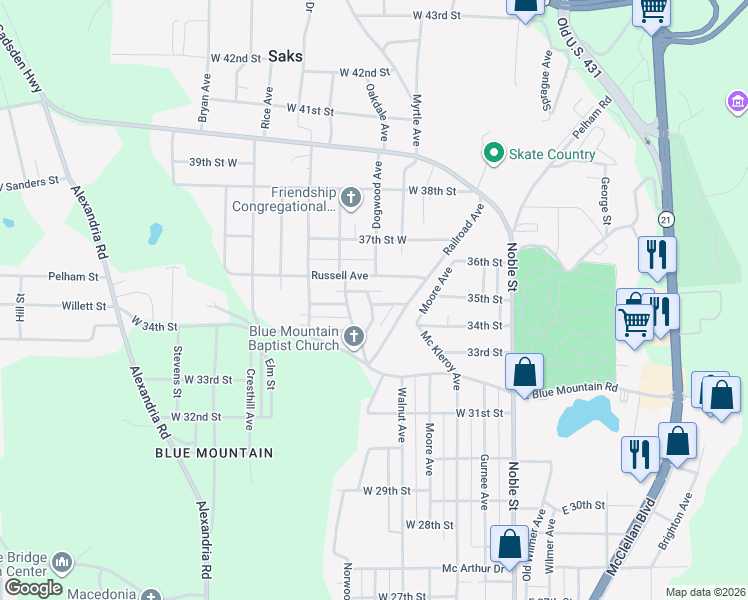 map of restaurants, bars, coffee shops, grocery stores, and more near 1 Net Street in Anniston