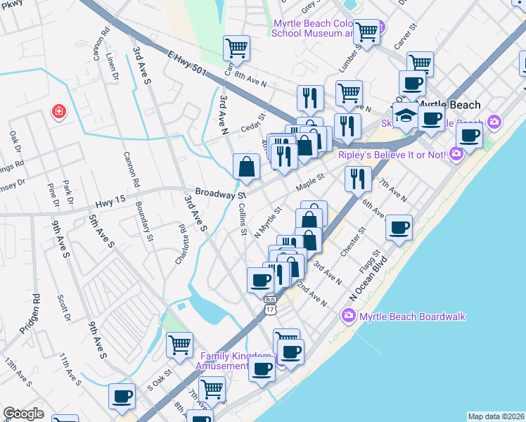 map of restaurants, bars, coffee shops, grocery stores, and more near 701 3rd Avenue North in Myrtle Beach