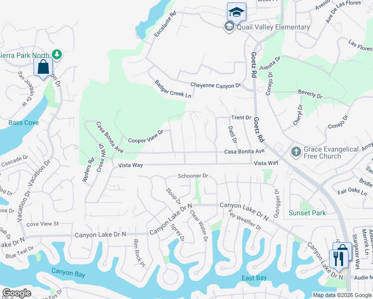 map of restaurants, bars, coffee shops, grocery stores, and more near 23518 Casa Bonita Avenue in Canyon Lake