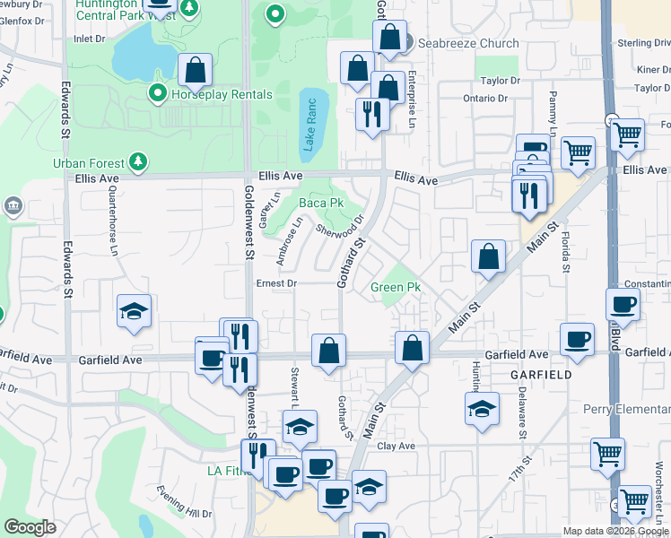 map of restaurants, bars, coffee shops, grocery stores, and more near 18772 Fairfax Lane in Huntington Beach