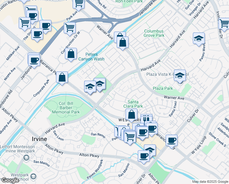 map of restaurants, bars, coffee shops, grocery stores, and more near 92 Santorini in Irvine