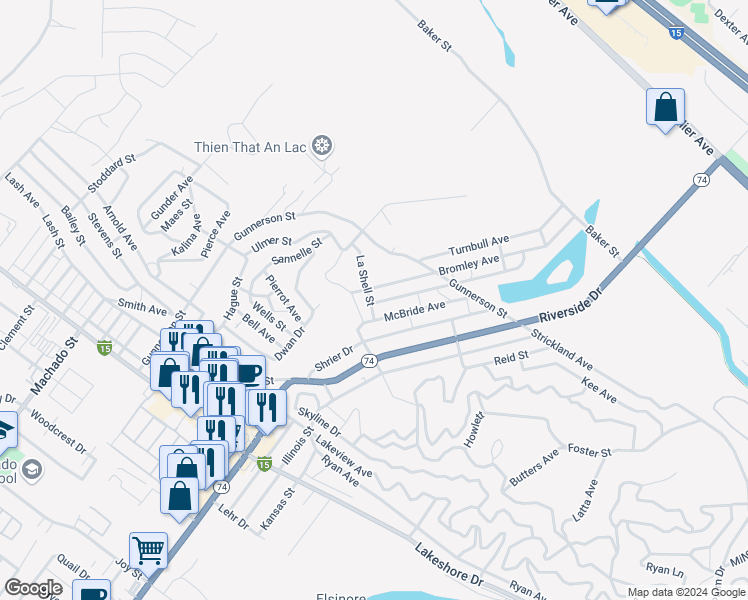 map of restaurants, bars, coffee shops, grocery stores, and more near De Brask Avenue in Lake Elsinore