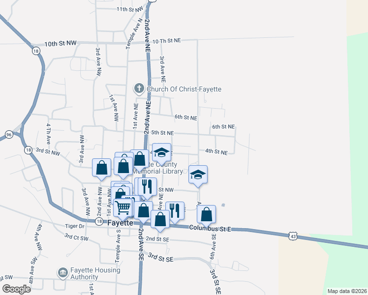 map of restaurants, bars, coffee shops, grocery stores, and more near 524 4th Street Northeast in Fayette