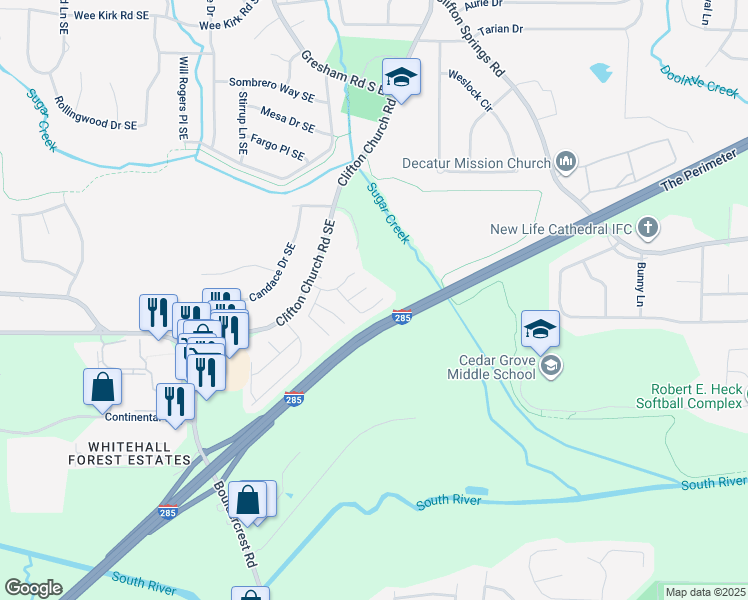 map of restaurants, bars, coffee shops, grocery stores, and more near 3284 Sugar Creek Trce in Atlanta