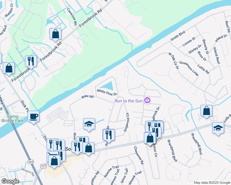 map of restaurants, bars, coffee shops, grocery stores, and more near 4700 White Pine Drive in Myrtle Beach