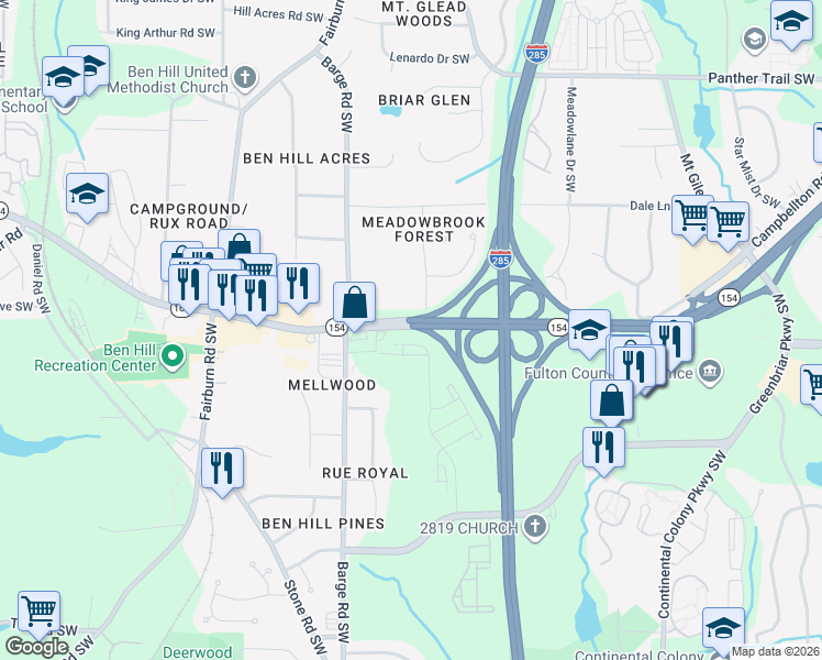 map of restaurants, bars, coffee shops, grocery stores, and more near 3550 Campbellton Road Southwest in Atlanta