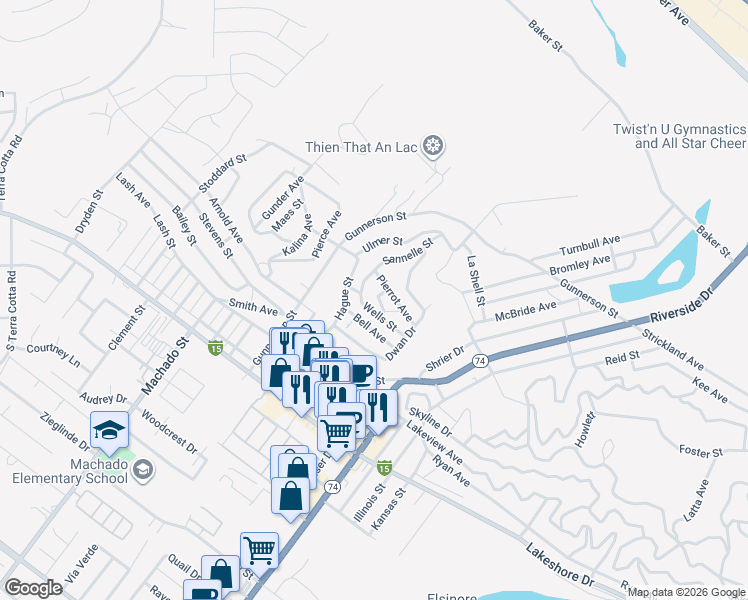 map of restaurants, bars, coffee shops, grocery stores, and more near 16875 Pope Circle Drive in Lake Elsinore