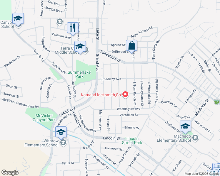 map of restaurants, bars, coffee shops, grocery stores, and more near 167 South Nebraska Street in Lake Elsinore