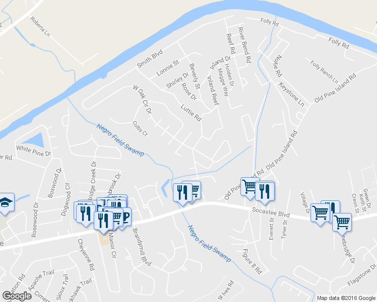 map of restaurants, bars, coffee shops, grocery stores, and more near 409 Luttie Road in Myrtle Beach