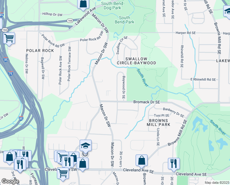 map of restaurants, bars, coffee shops, grocery stores, and more near 2200 Baywood Drive Southeast in Atlanta