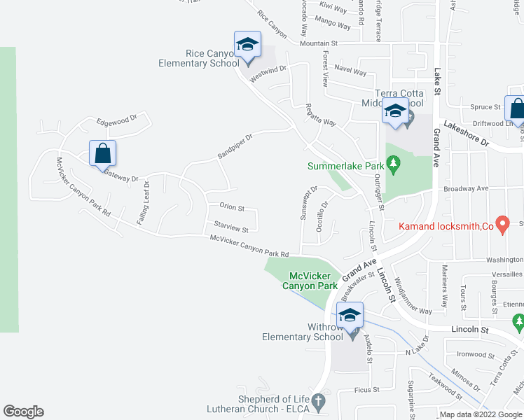 map of restaurants, bars, coffee shops, grocery stores, and more near 29200 Shore Breeze Street in Lake Elsinore