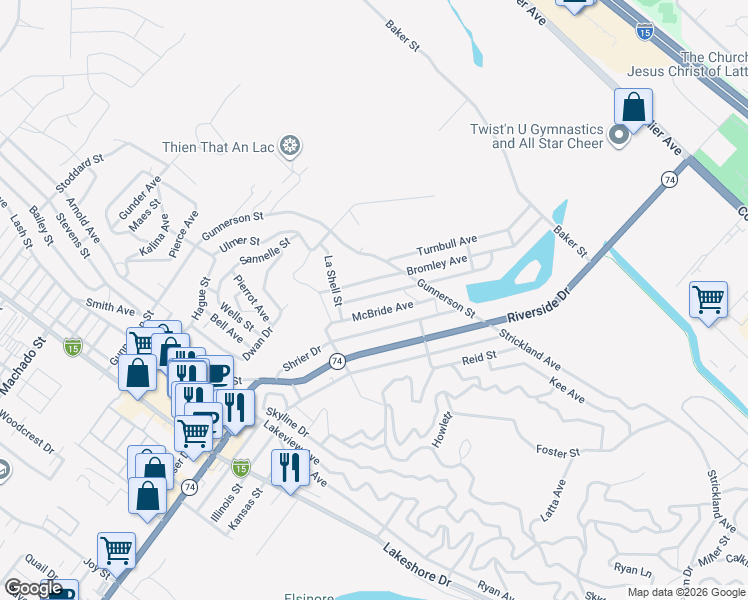 map of restaurants, bars, coffee shops, grocery stores, and more near De Brask Avenue in Lake Elsinore