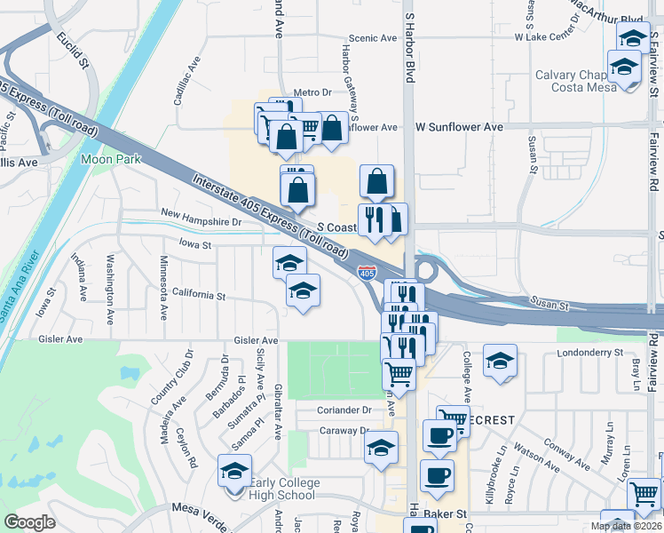 map of restaurants, bars, coffee shops, grocery stores, and more near 1632 Iowa Street in Costa Mesa