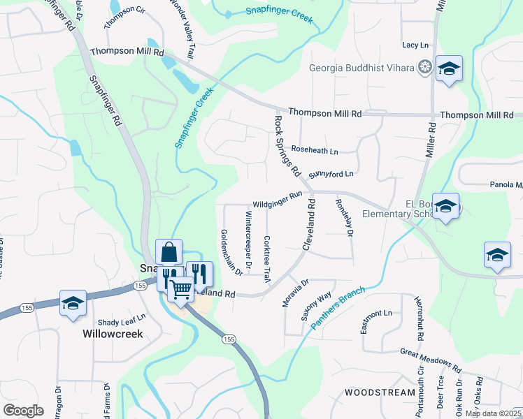map of restaurants, bars, coffee shops, grocery stores, and more near 3202 Wintercreeper Drive in Stonecrest