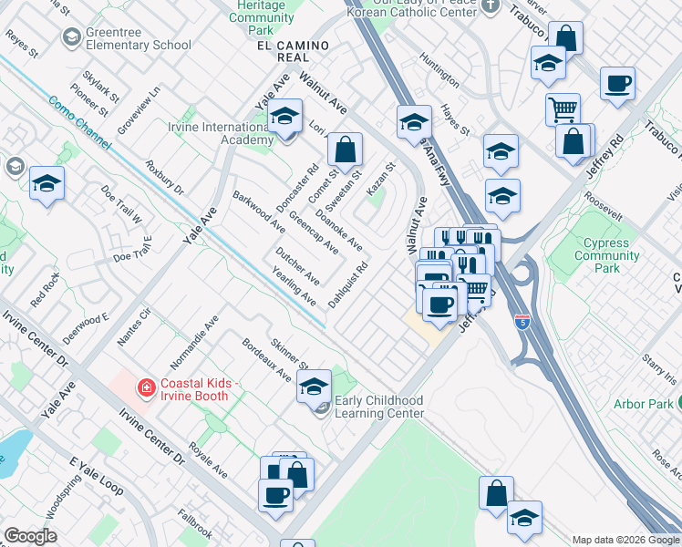 map of restaurants, bars, coffee shops, grocery stores, and more near 14841 Dahlquist Road in Irvine