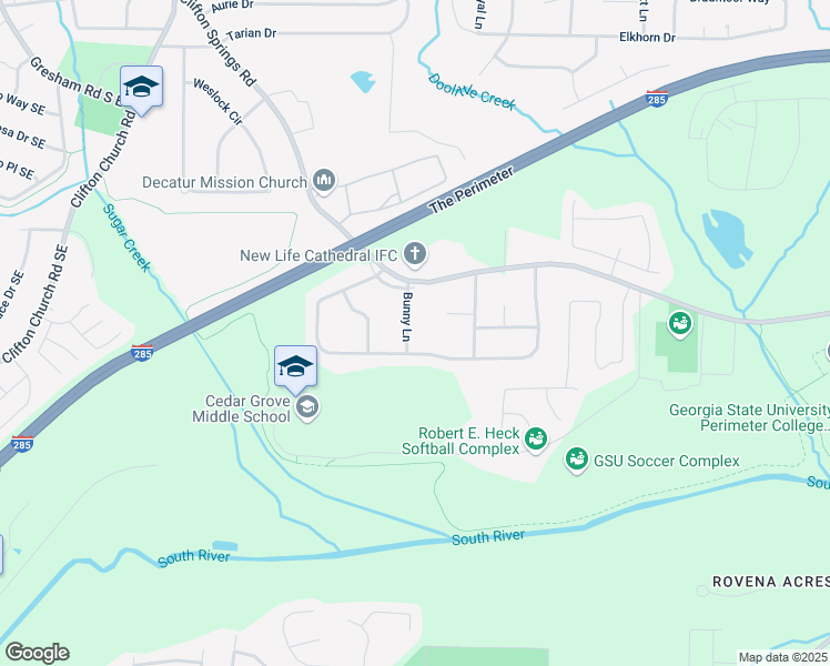 map of restaurants, bars, coffee shops, grocery stores, and more near 3228 Bunny Lane in Decatur
