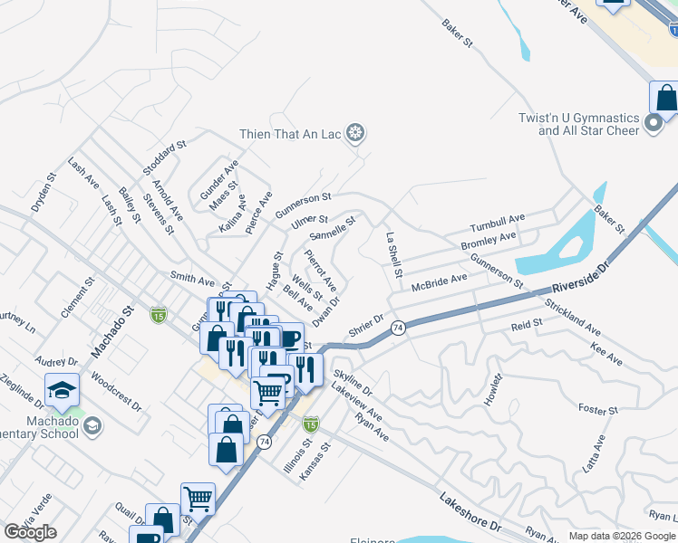 map of restaurants, bars, coffee shops, grocery stores, and more near Nichols Street in Lake Elsinore