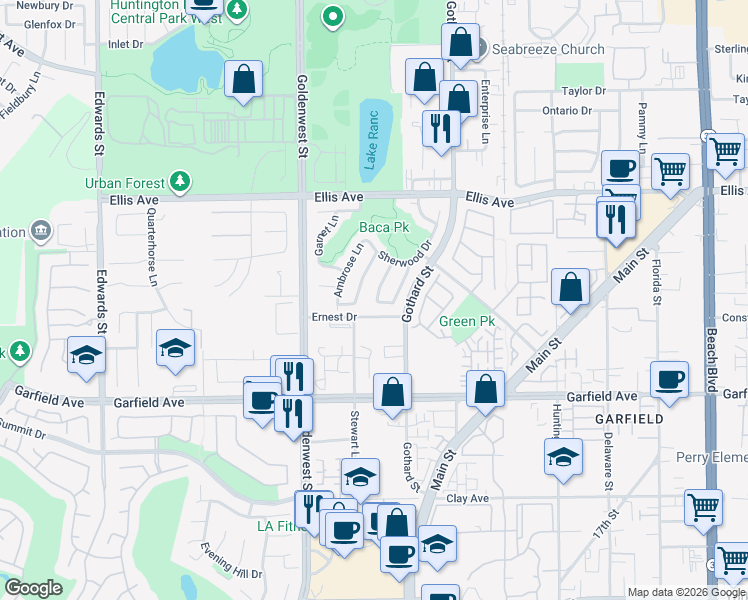map of restaurants, bars, coffee shops, grocery stores, and more near 18775 Ashford Lane in Huntington Beach