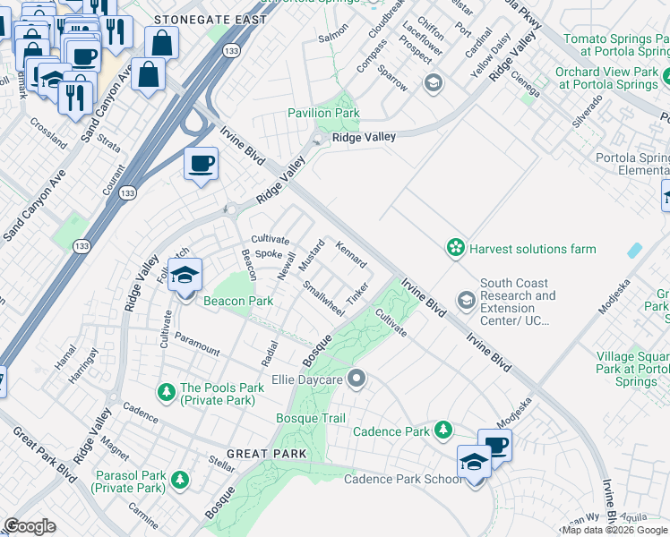 map of restaurants, bars, coffee shops, grocery stores, and more near 100 Grassblade in Irvine